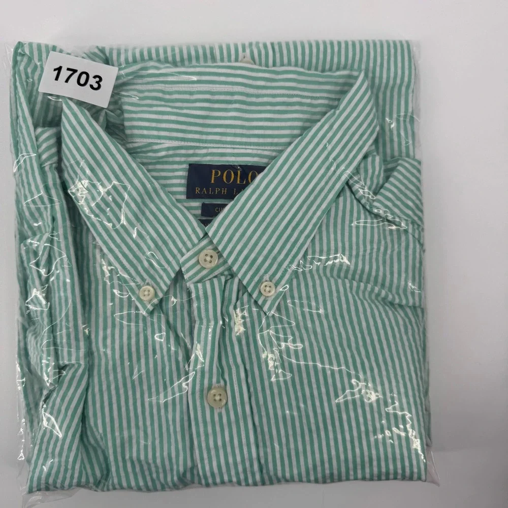 Polo Ralph Lauren Mens XL Custom Fit Green White Striped Seersucker Shirt SS